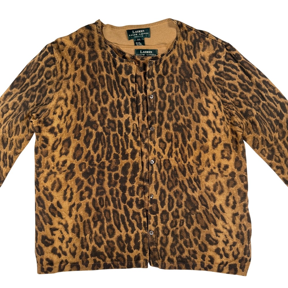 Lauren Ralph Lauren Leopard Print Cardigan Set P/L Brown Silk Blend Twinset